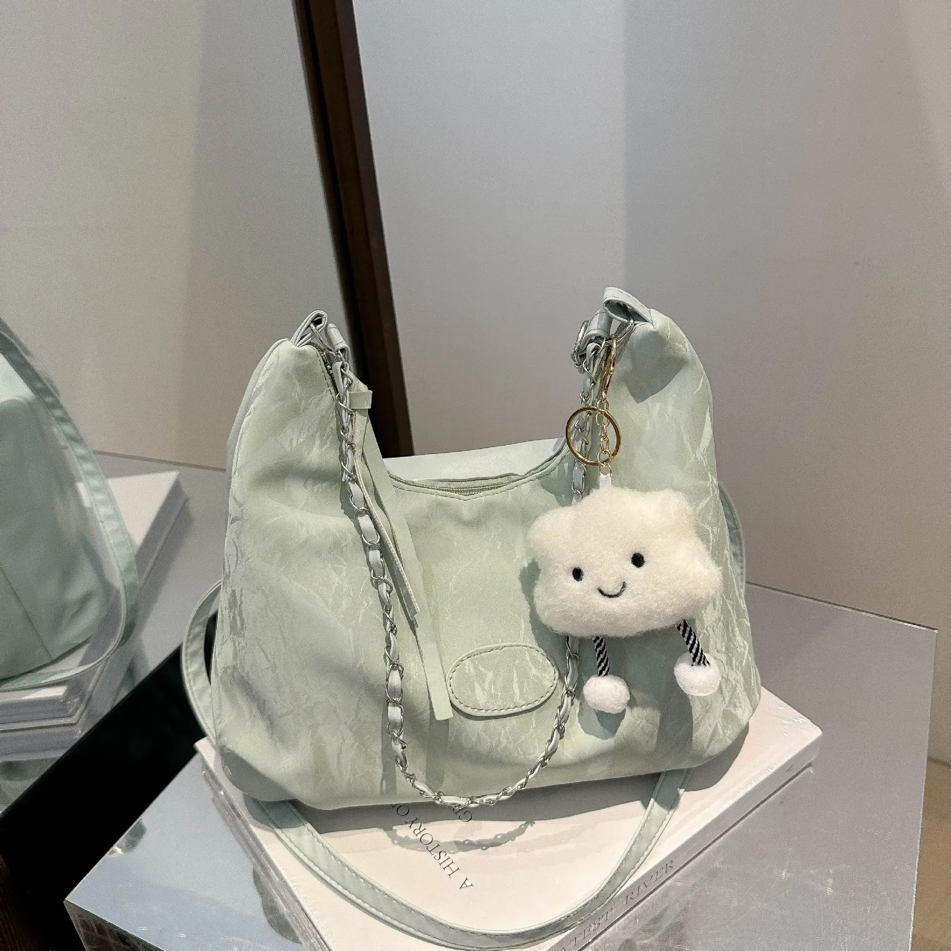 Women's Light Green Pleated Shoulder Bag with Cute Charm - Image 4