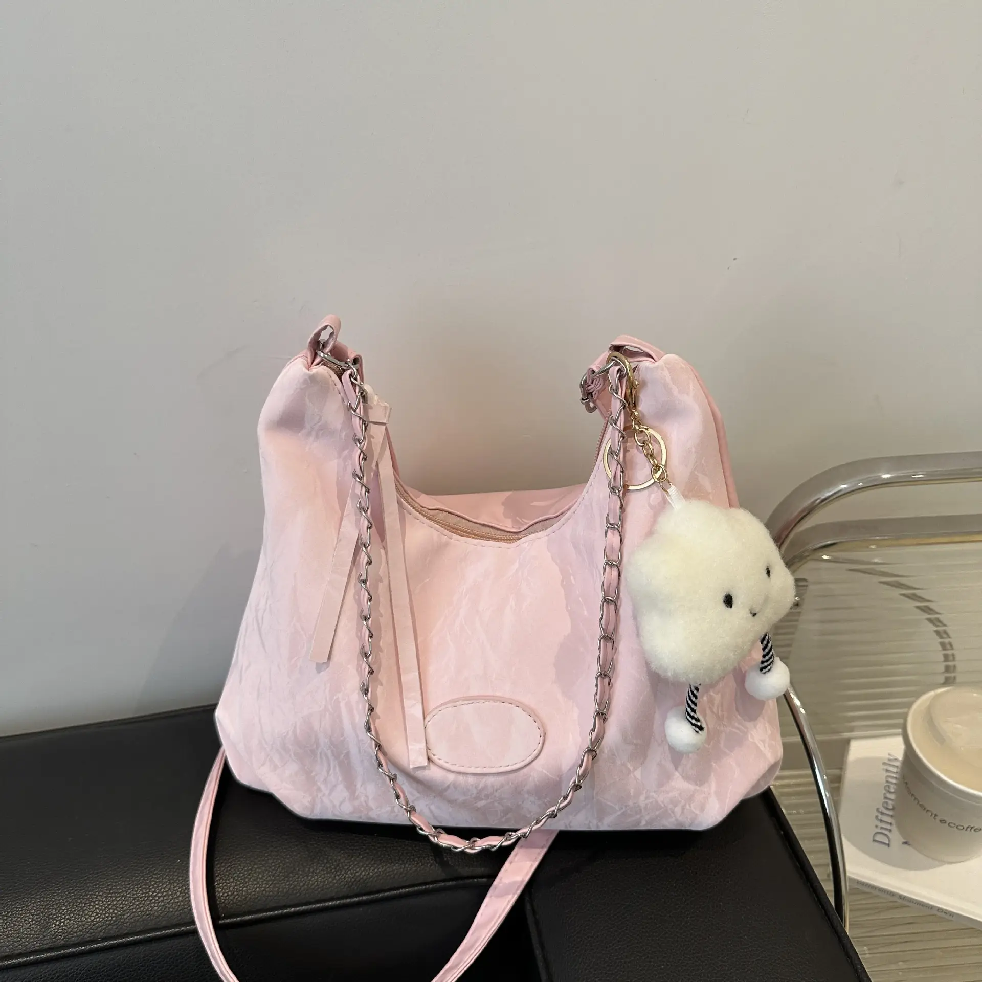 Women's Light Green Pleated Shoulder Bag with Cute Charm - Image 5
