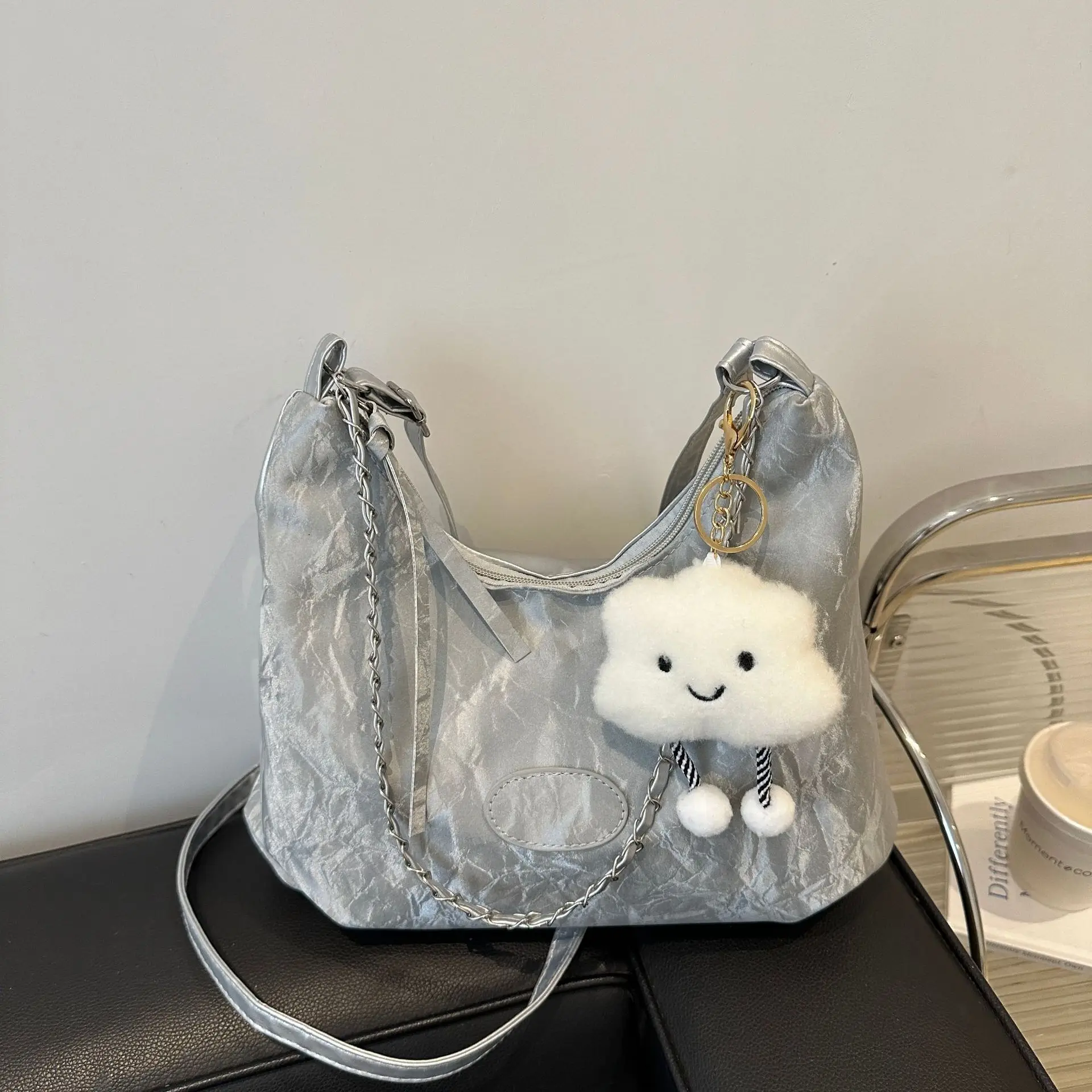 Women's Light Green Pleated Shoulder Bag with Cute Charm - Image 6