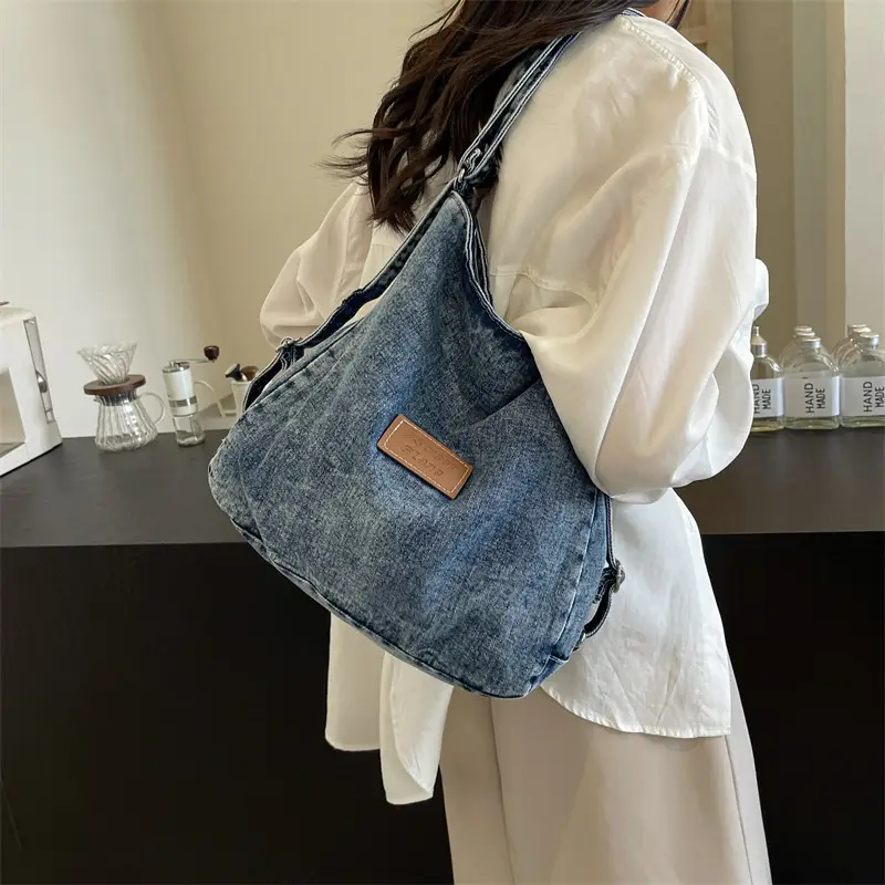 Ruiying Wash Denim Shoulder Bag Blue Large Capacity