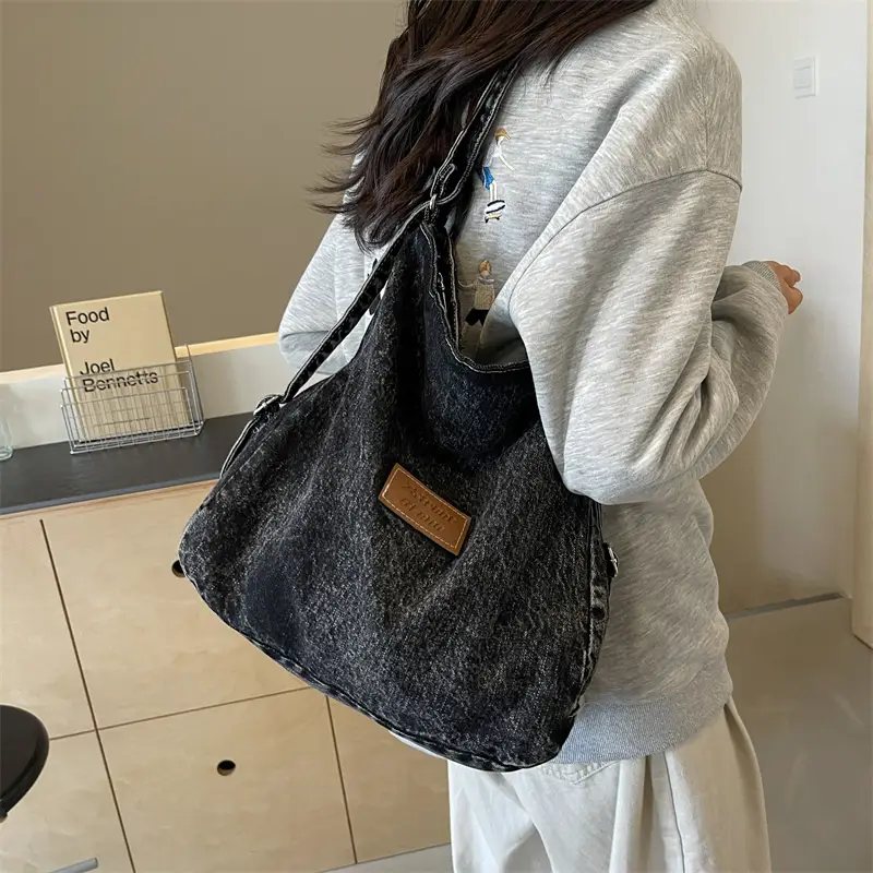Ruiying Wash Denim Shoulder Bag Blue Large Capacity
