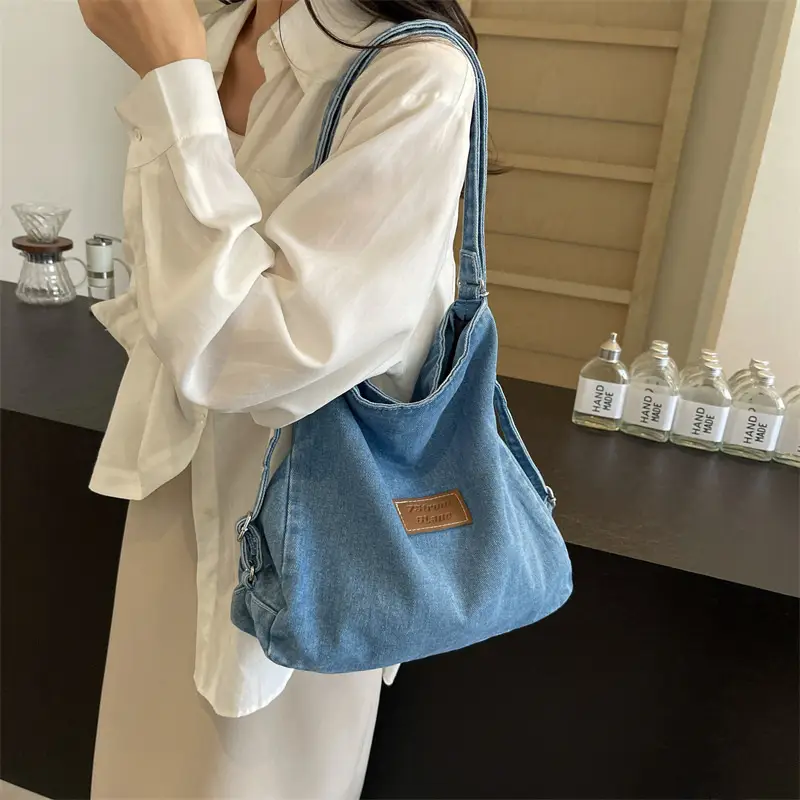 Ruiying Wash Denim Shoulder Bag Blue Large Capacity