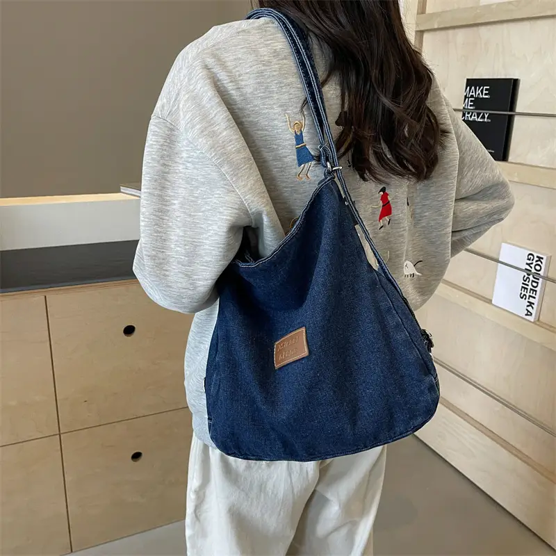 Ruiying Wash Denim Shoulder Bag Blue Large Capacity