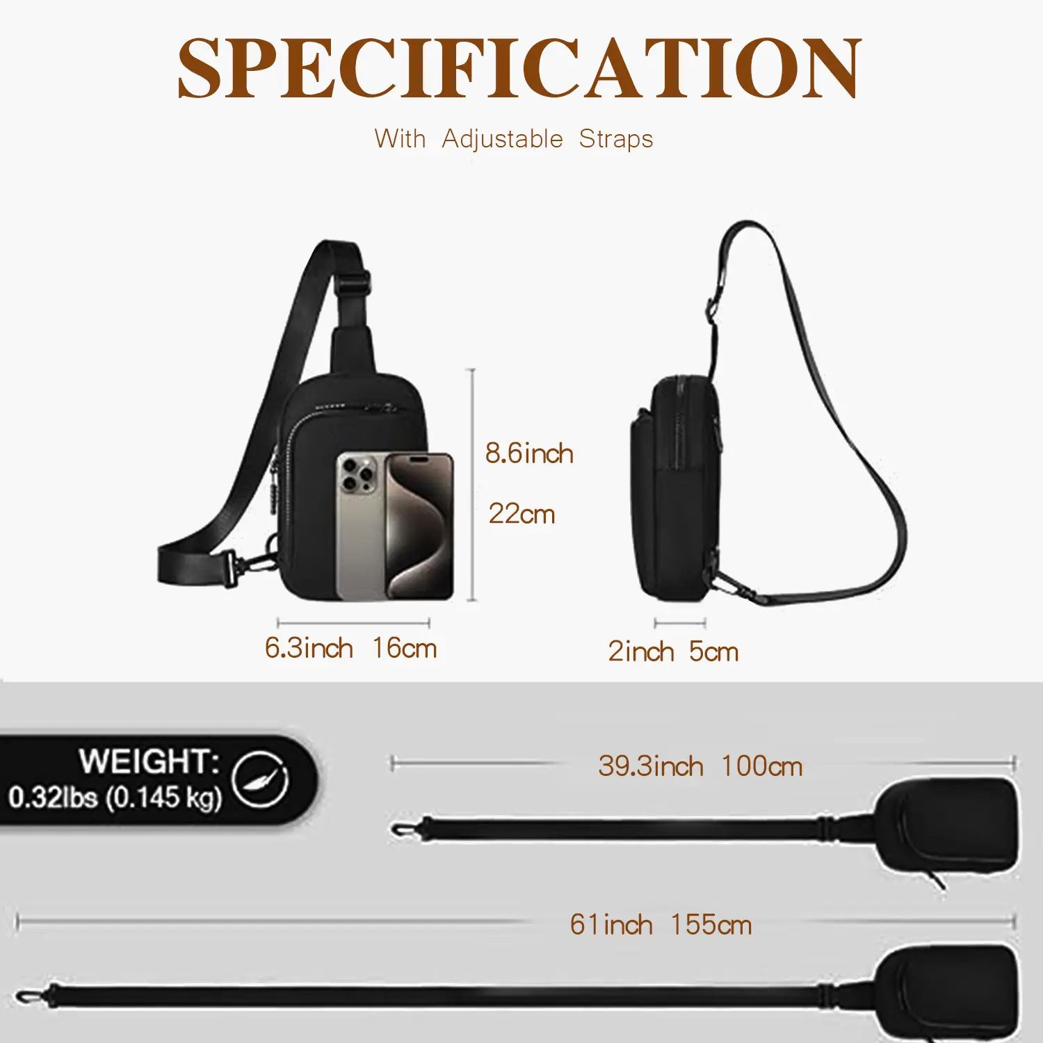 Black Polyester Crossbody Bag for Men Women Waterproof Sports — feature 6