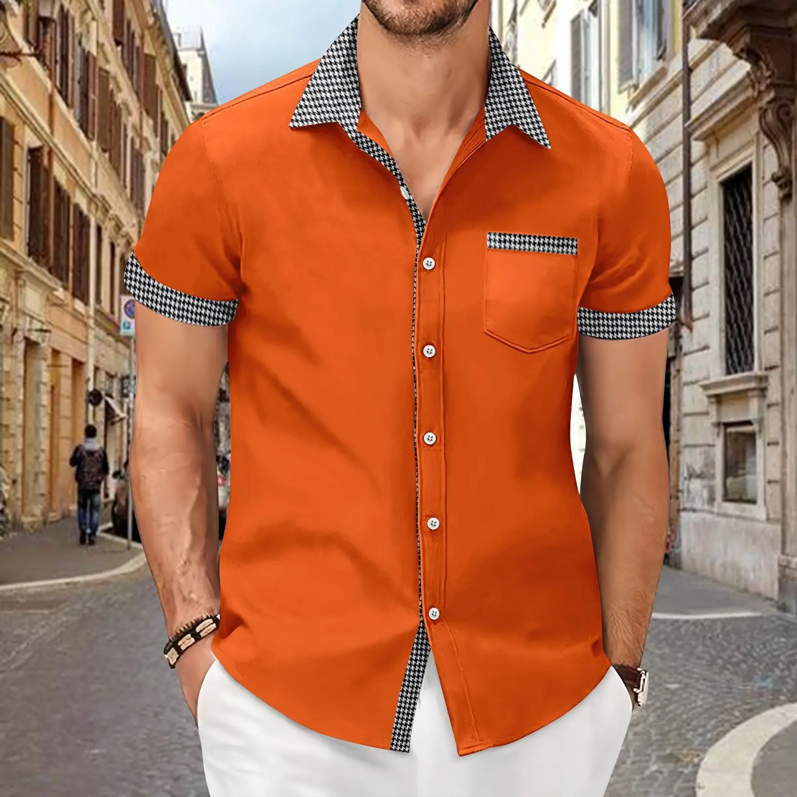 Men's Houndstooth Short Sleeve Shirt Cream - Image 10