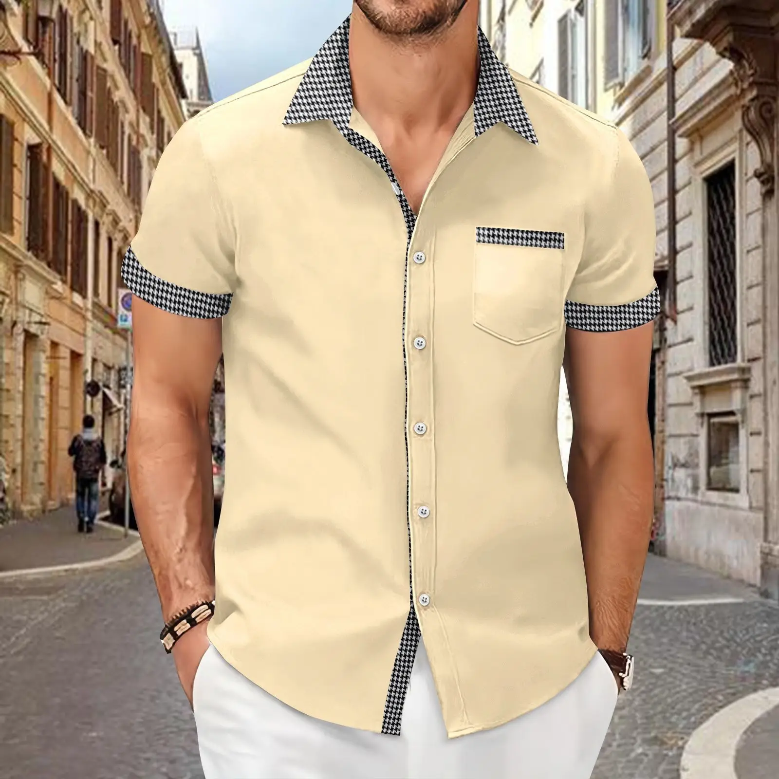 Men's Houndstooth Short Sleeve Shirt Cream - Image 12