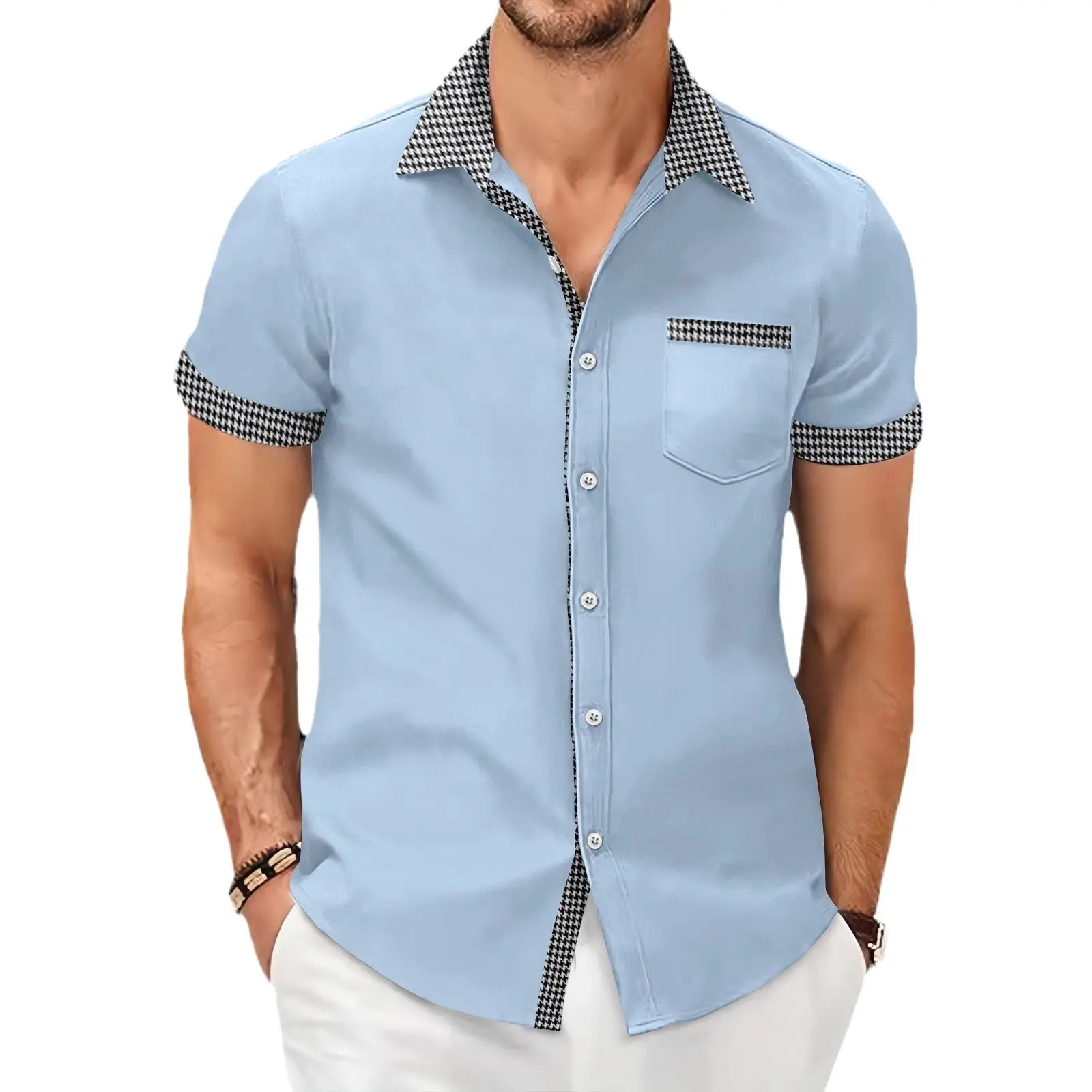 Men's Houndstooth Short Sleeve Shirt Cream - Image 13