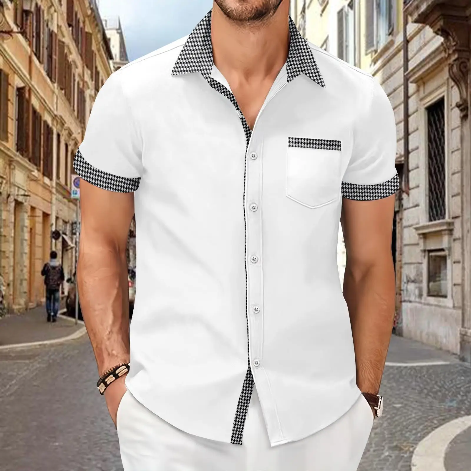 Men's Houndstooth Short Sleeve Shirt Cream — feature 2