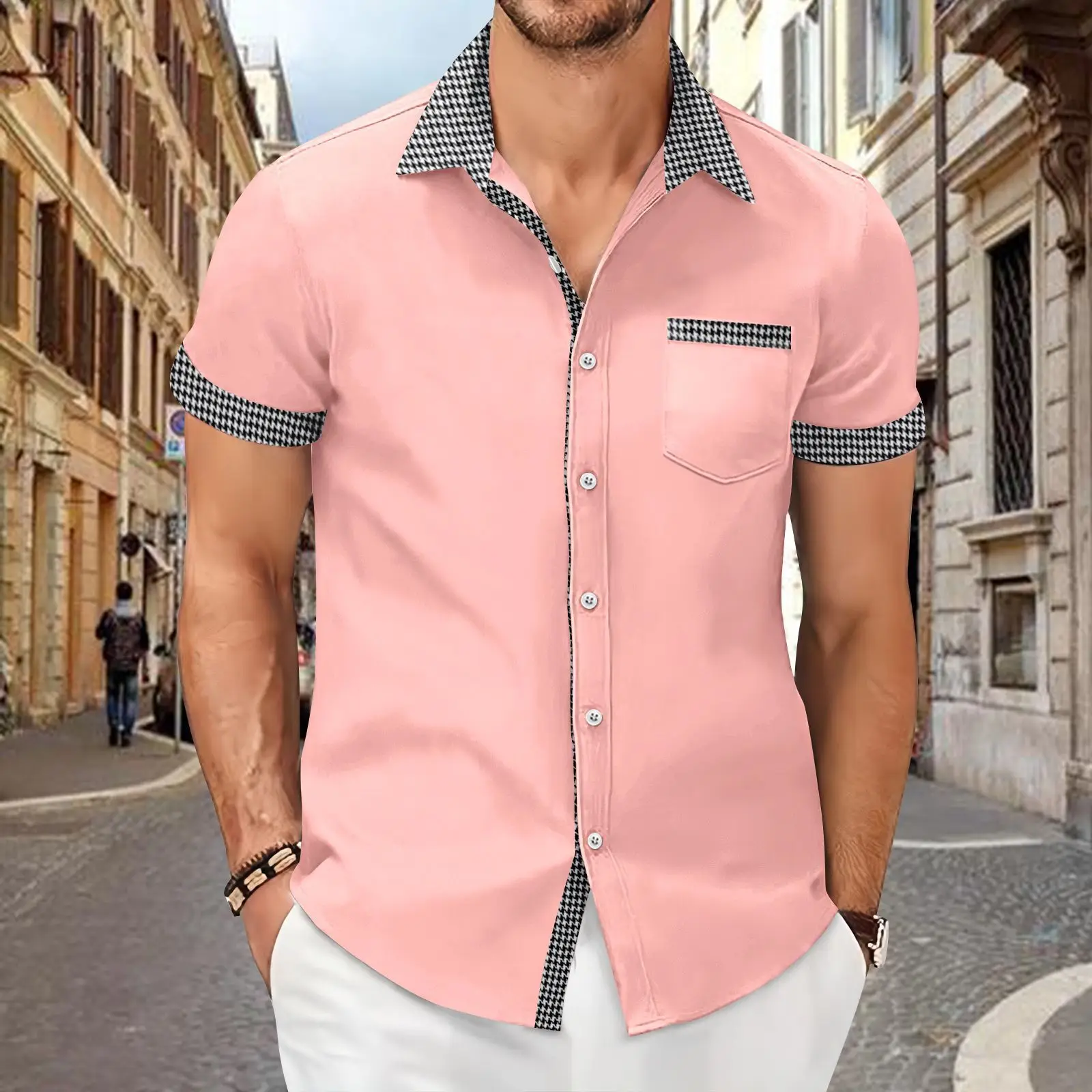 Men's Houndstooth Short Sleeve Shirt Cream — feature 3