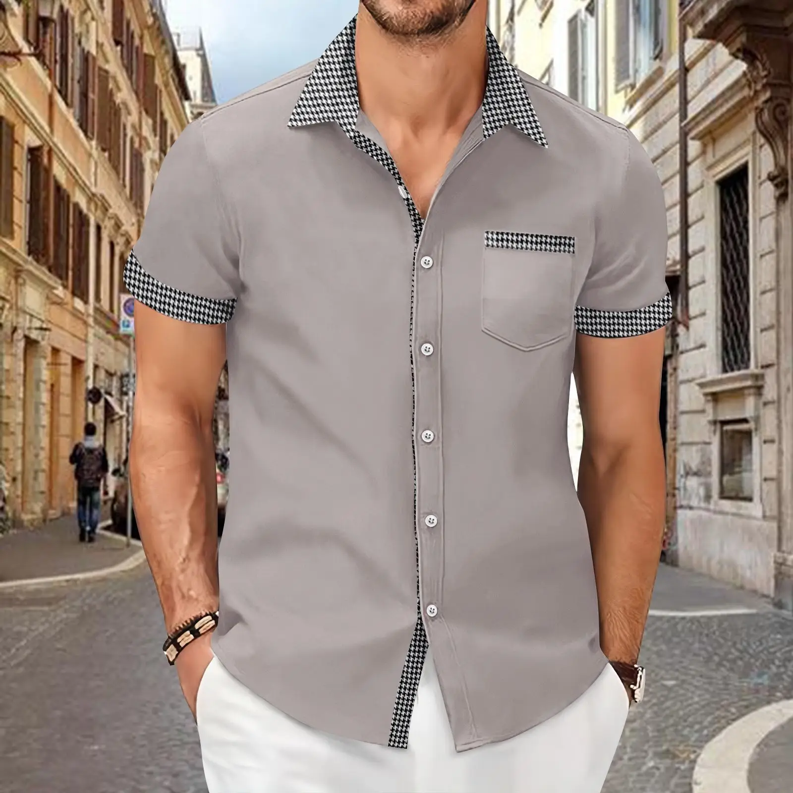Men's Houndstooth Short Sleeve Shirt Cream — feature 6