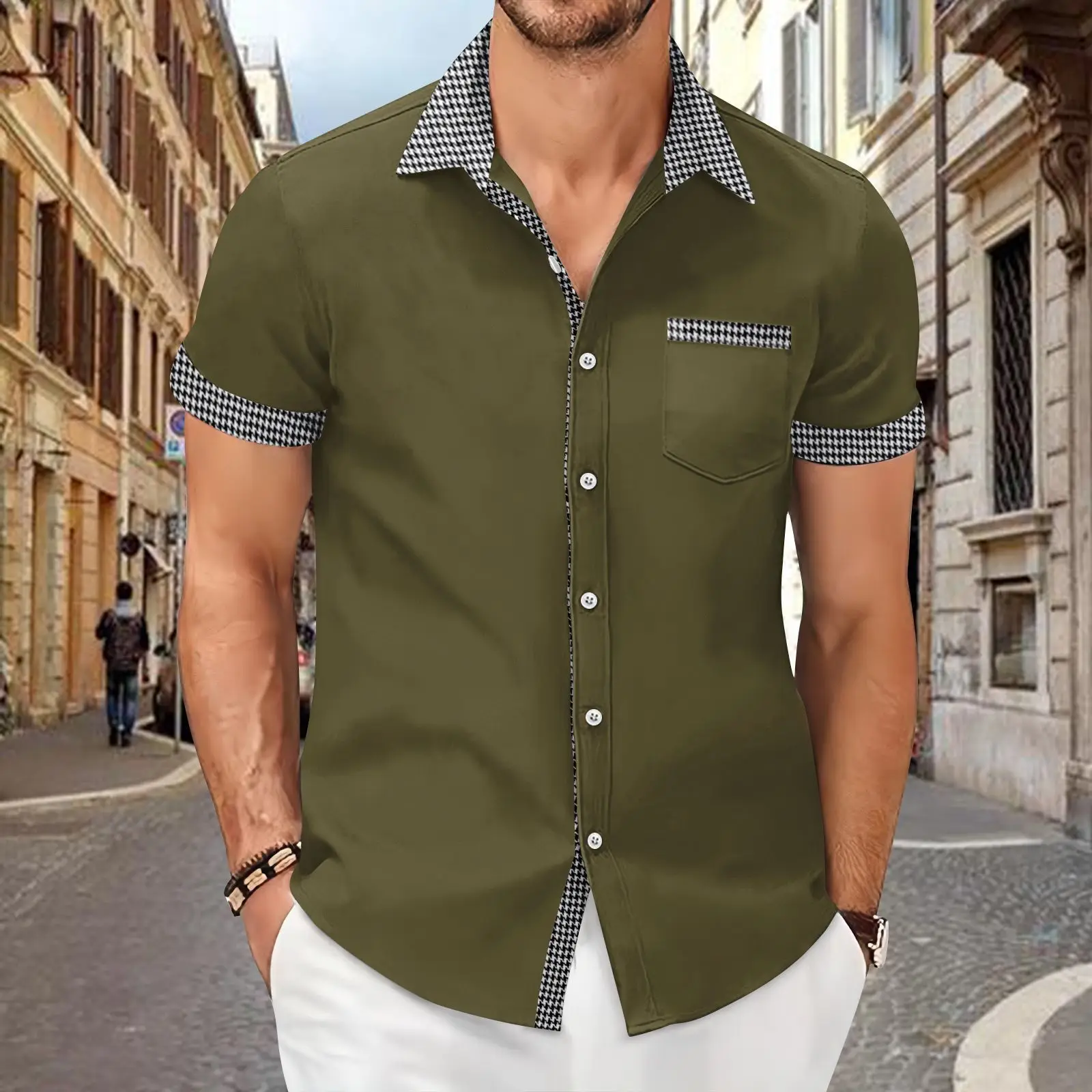 Men's Houndstooth Short Sleeve Shirt Cream — feature 7