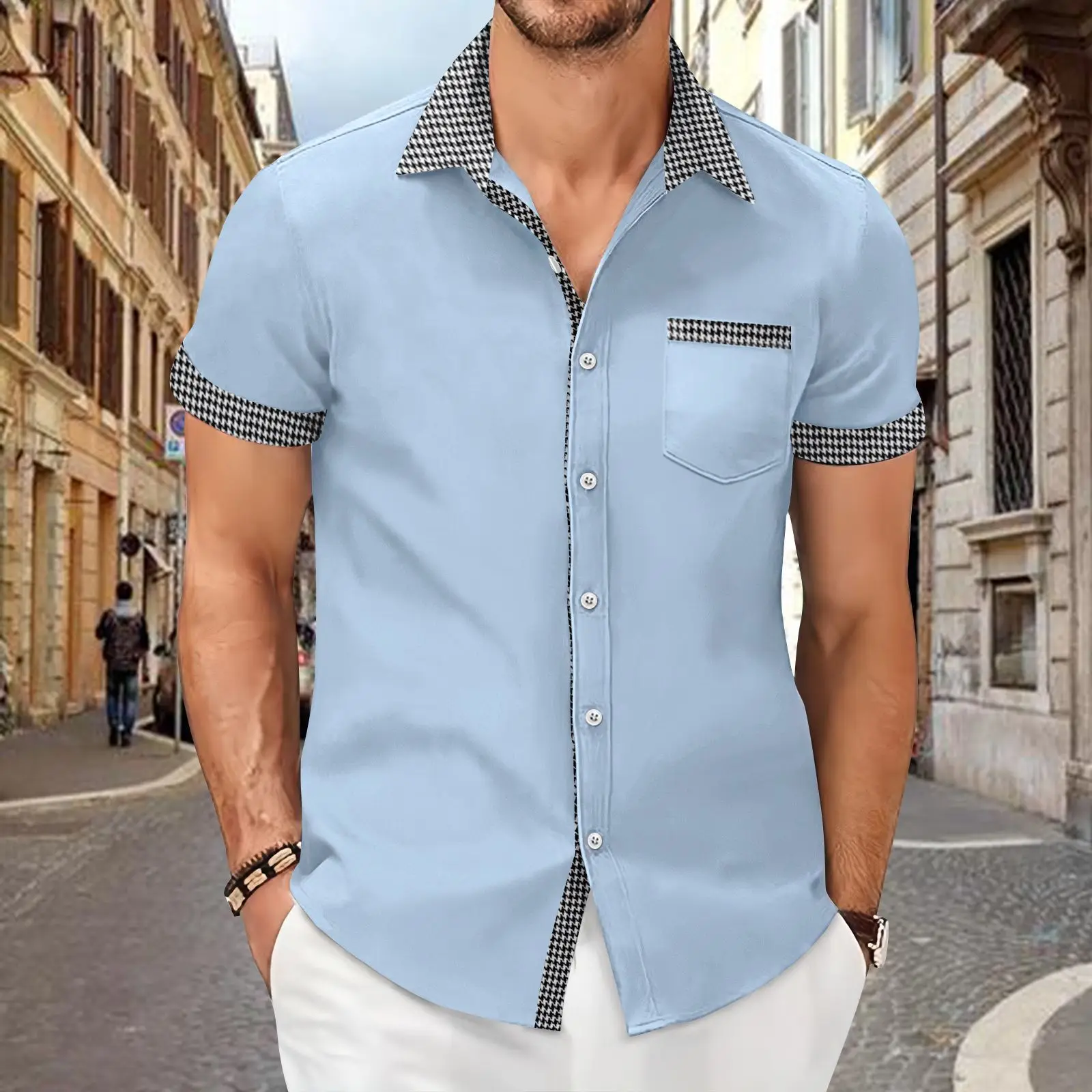 Men's Houndstooth Short Sleeve Shirt Cream — feature 9