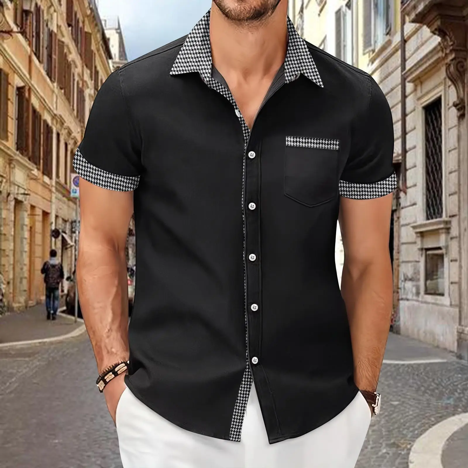 Men's Houndstooth Short Sleeve Shirt Cream - Image 4
