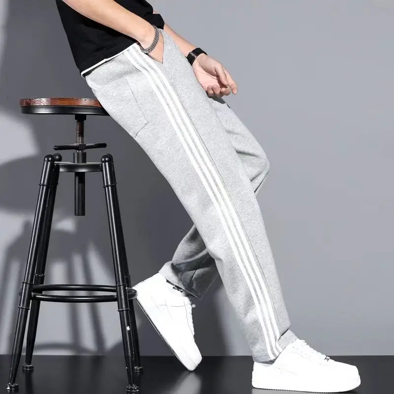 Men Grey Three Bar Track Pants Casual Joggers - Image 8