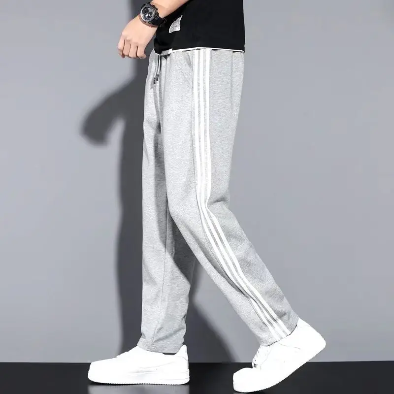 Men Grey Three Bar Track Pants Casual Joggers - Image 2