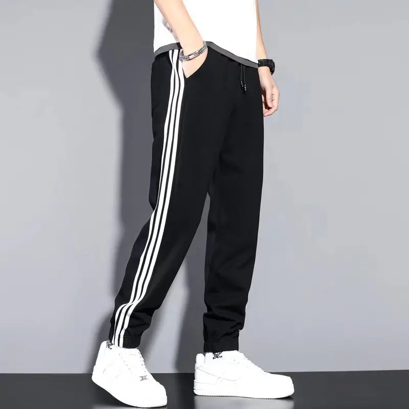 Men Grey Three Bar Track Pants Casual Joggers - Image 3