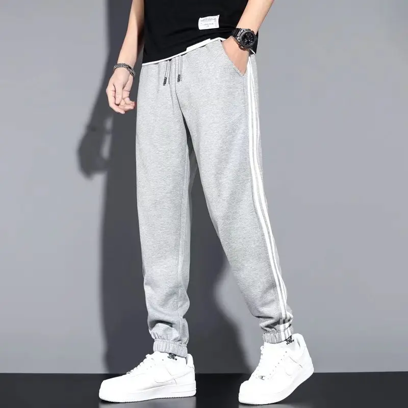 Men Grey Three Bar Track Pants Casual Joggers - Image 4