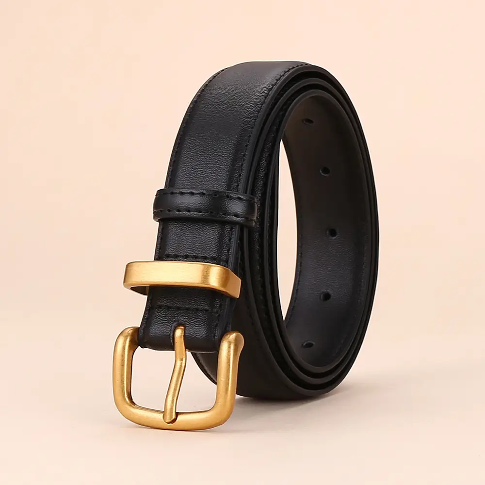 Women's Black Leather Belt with Gold Buckle 2.8cm - Image 6