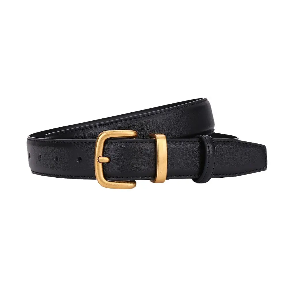 Women's Black Leather Belt with Gold Buckle 2.8cm - Image 9