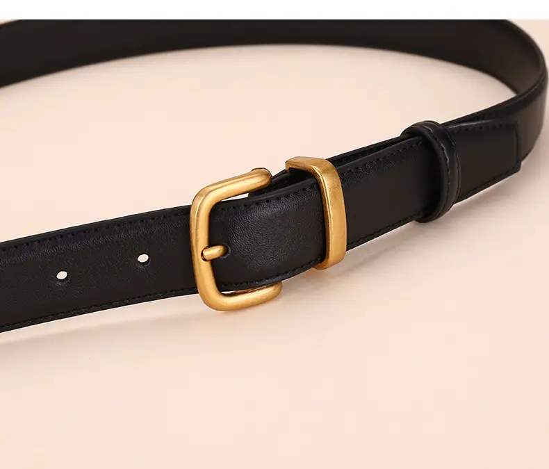 Women's Black Leather Belt with Gold Buckle 2.8cm — feature 10