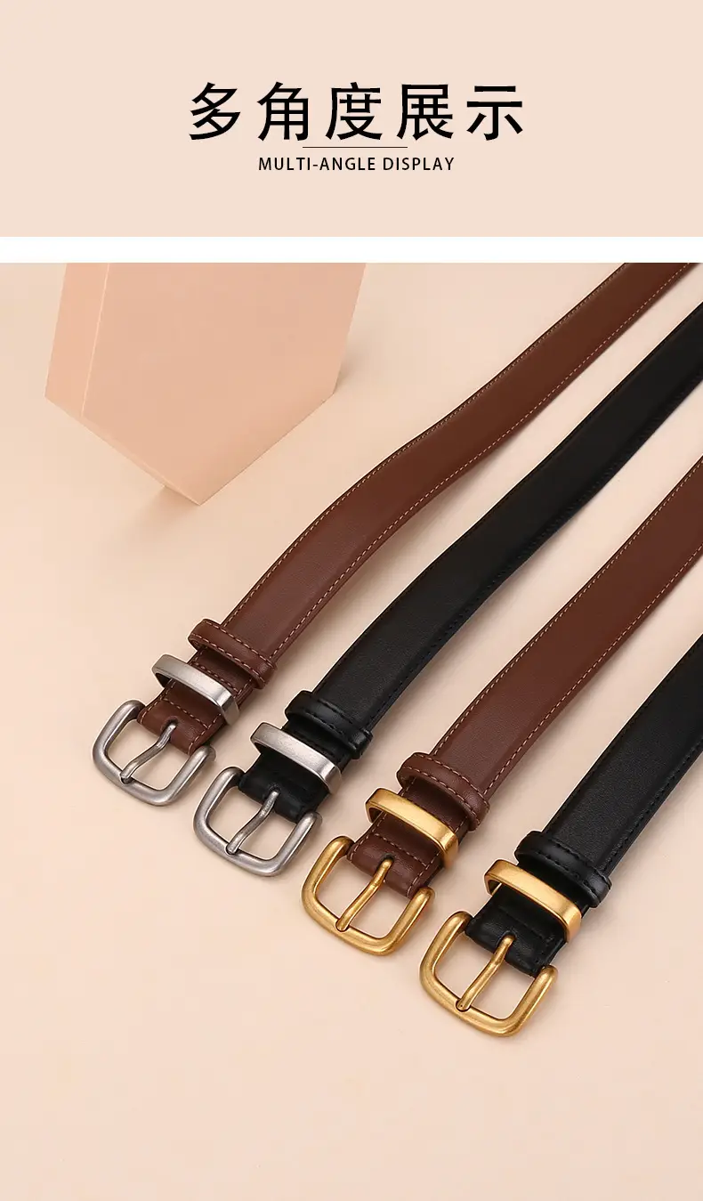 Women's Black Leather Belt with Gold Buckle 2.8cm — feature 13