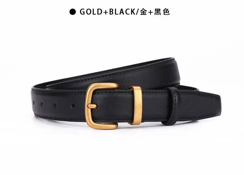 Women's Black Leather Belt with Gold Buckle 2.8cm — feature 20