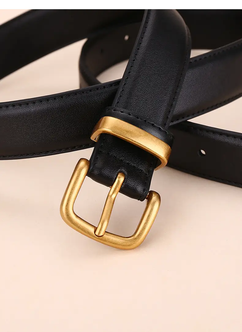 Women's Black Leather Belt with Gold Buckle 2.8cm — feature 26