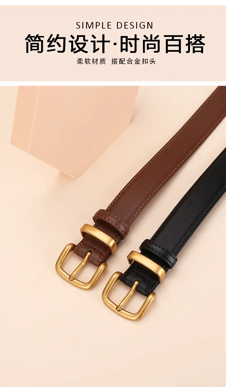 Women's Black Leather Belt with Gold Buckle 2.8cm — feature 3