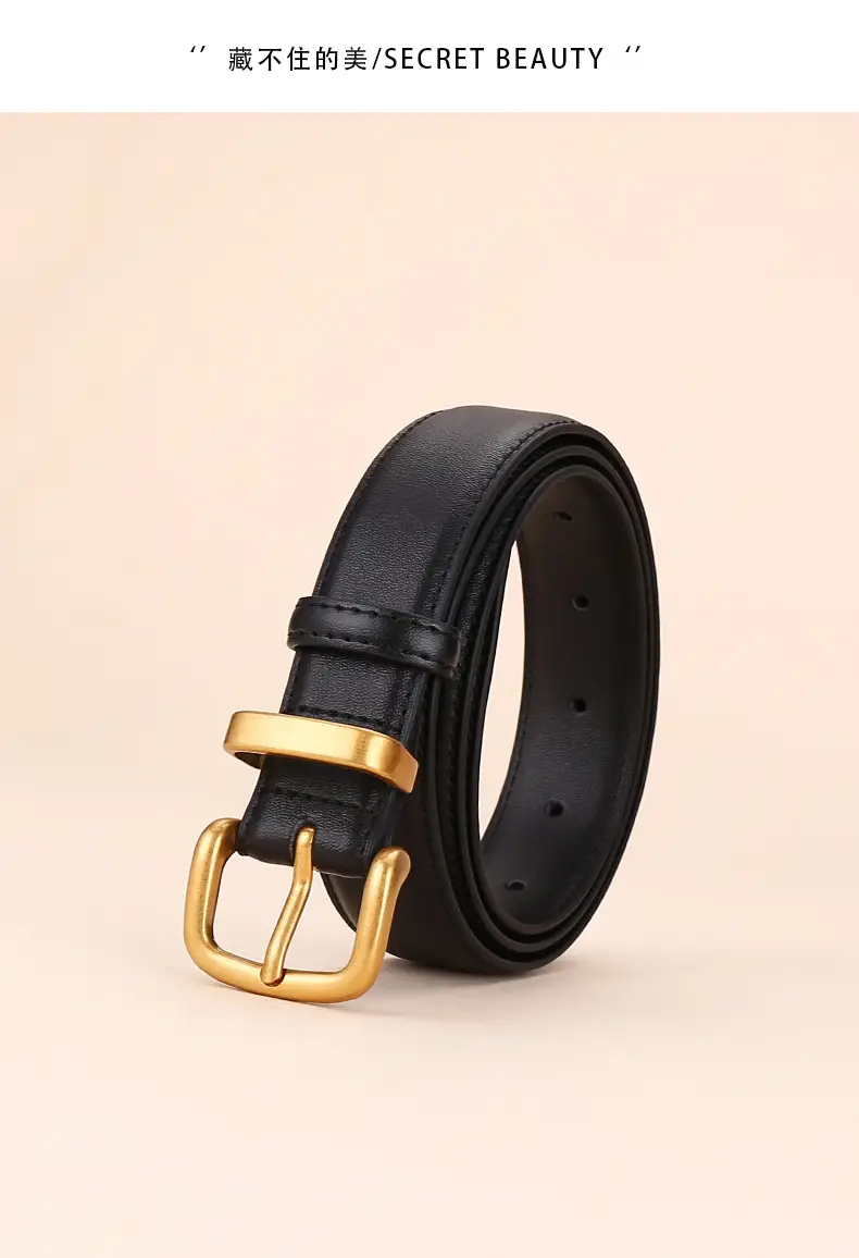 Women's Black Leather Belt with Gold Buckle 2.8cm — feature 4