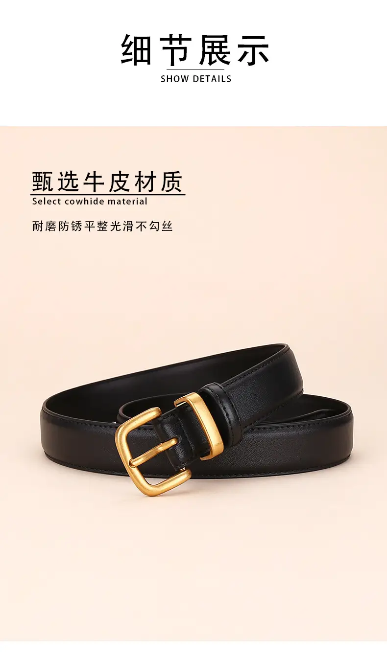Women's Black Leather Belt with Gold Buckle 2.8cm — feature 8