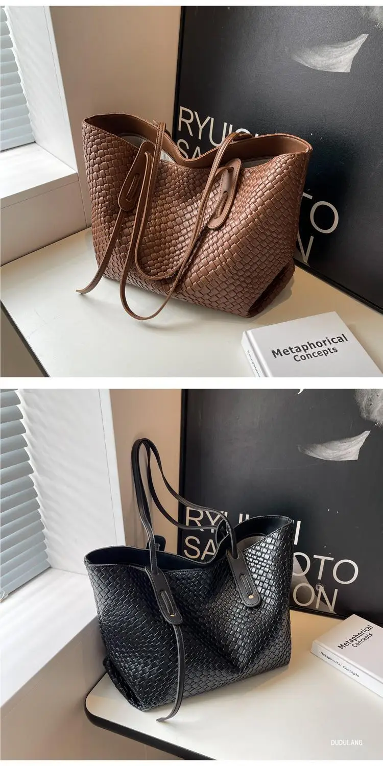 Black Woven Shoulder Bag for Women Large Capacity Commuter Style — feature 12