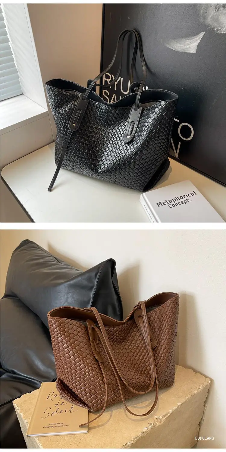 Black Woven Shoulder Bag for Women Large Capacity Commuter Style — feature 13