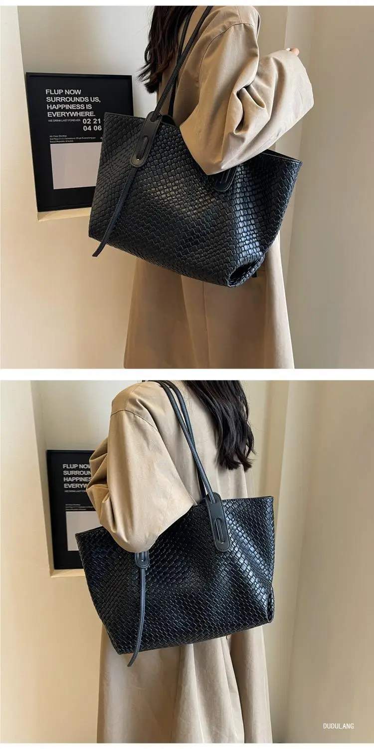 Black Woven Shoulder Bag for Women Large Capacity Commuter Style — feature 8
