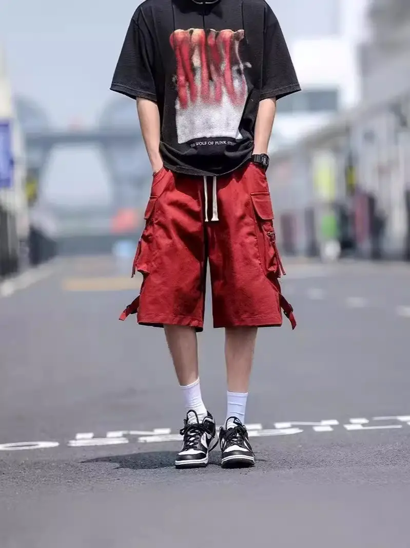 Wine Red Retro Tooling Shorts Men Summer Loose Wide-leg Knee-length Pants - Image 5