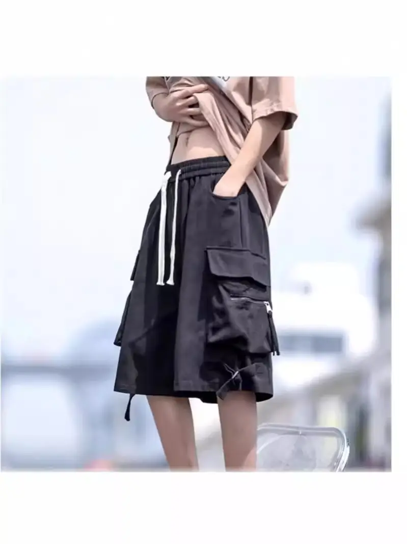 Wine Red Retro Tooling Shorts Men Summer Loose Wide-leg Knee-length Pants - Image 7