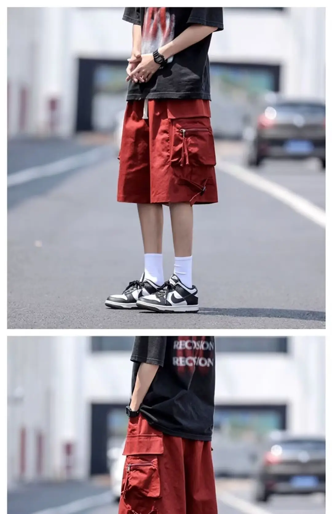 Wine Red Retro Tooling Shorts Men Summer Loose Wide-leg Knee-length Pants — feature 10