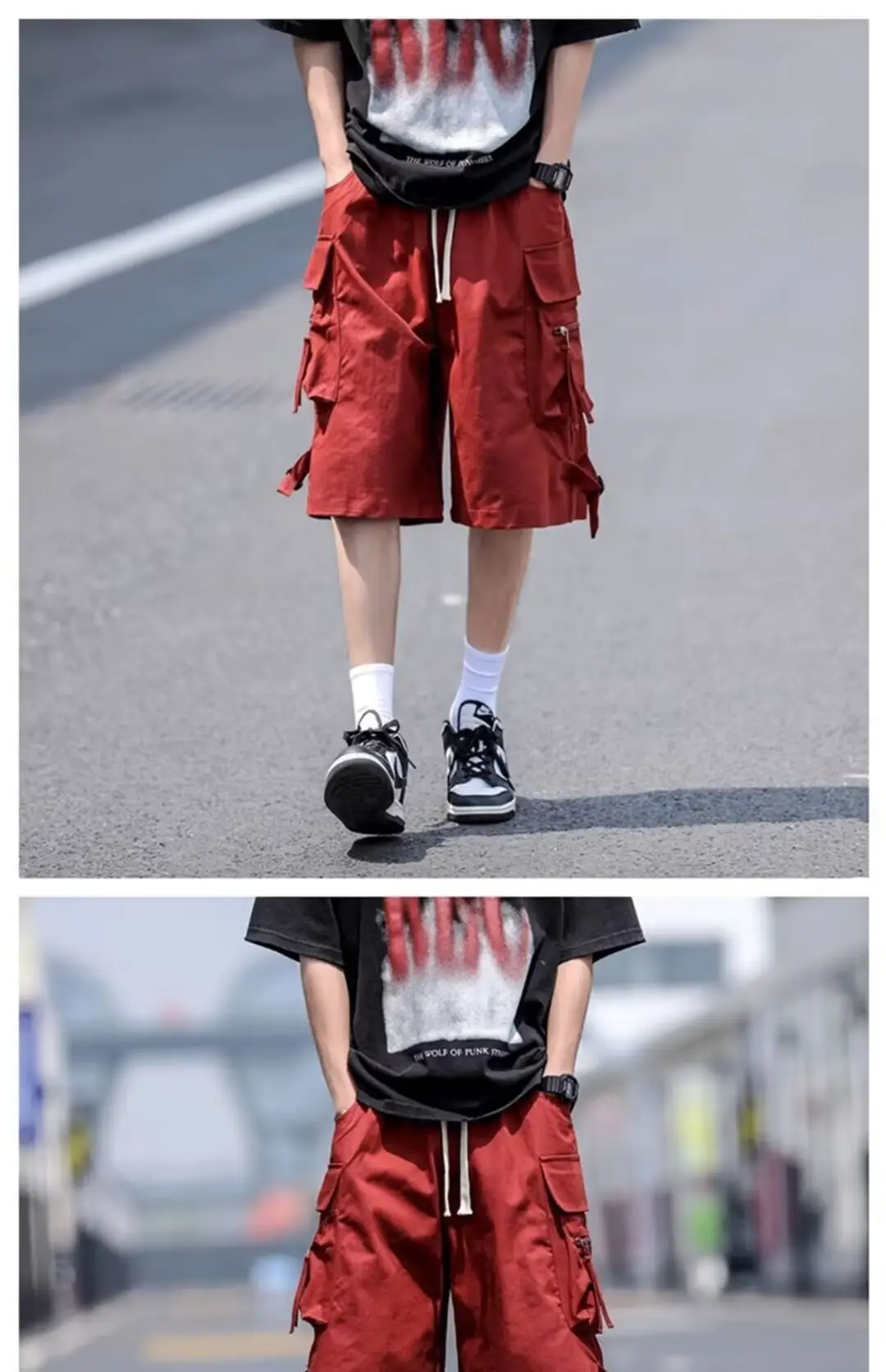 Wine Red Retro Tooling Shorts Men Summer Loose Wide-leg Knee-length Pants — feature 12