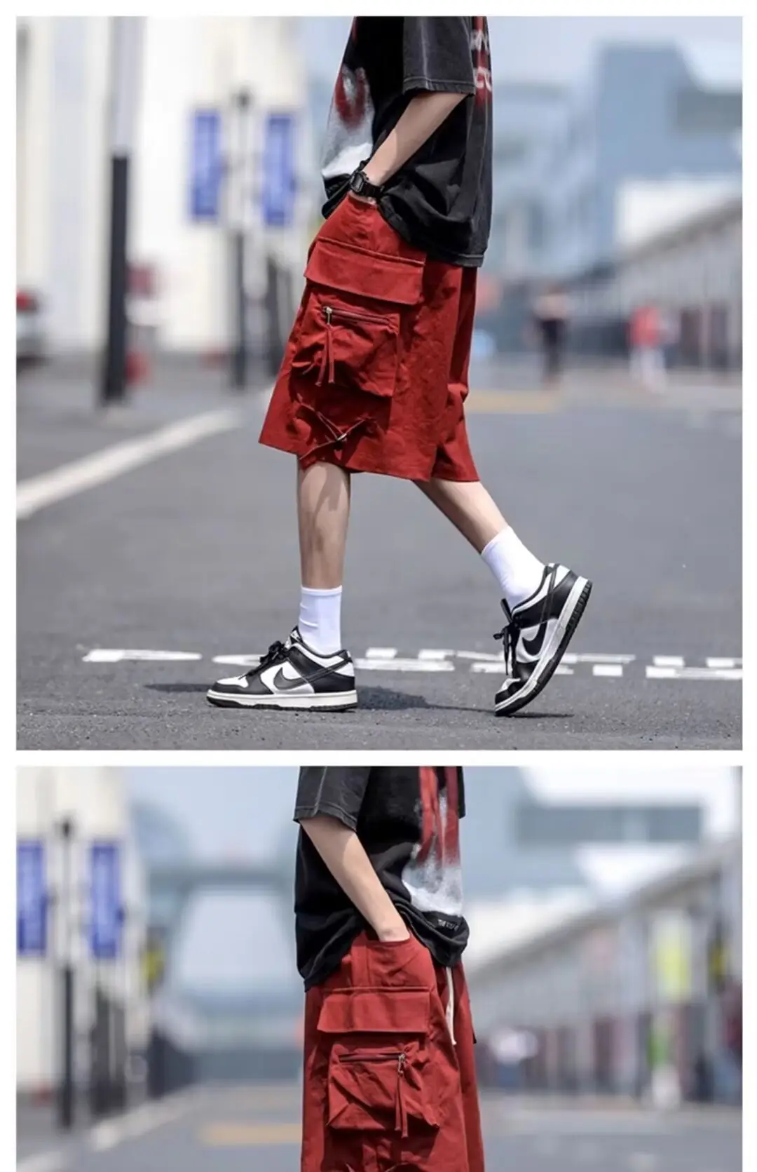Wine Red Retro Tooling Shorts Men Summer Loose Wide-leg Knee-length Pants — feature 14