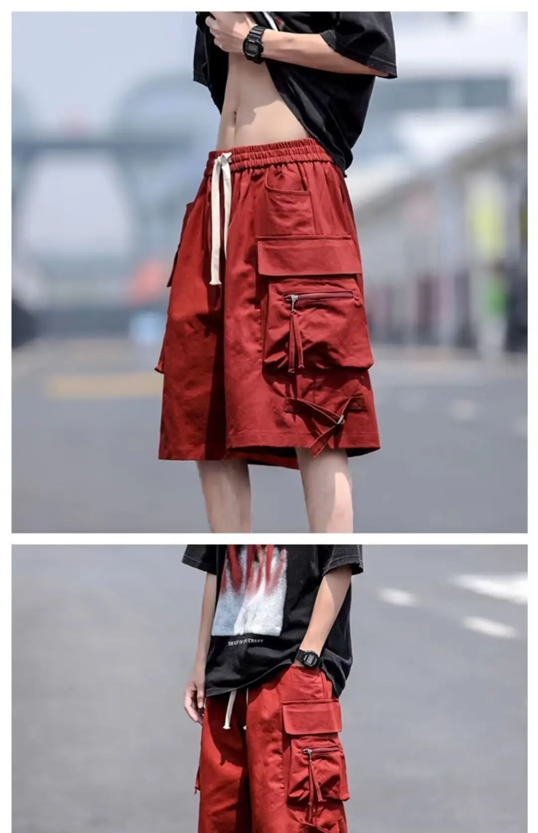 Wine Red Retro Tooling Shorts Men Summer Loose Wide-leg Knee-length Pants — feature 16