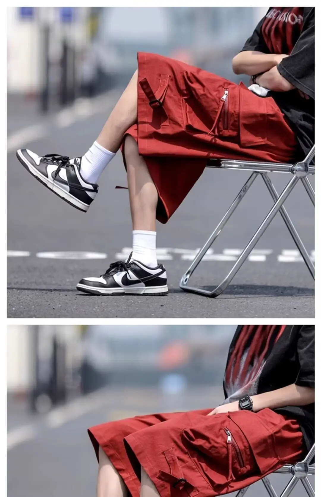 Wine Red Retro Tooling Shorts Men Summer Loose Wide-leg Knee-length Pants — feature 18