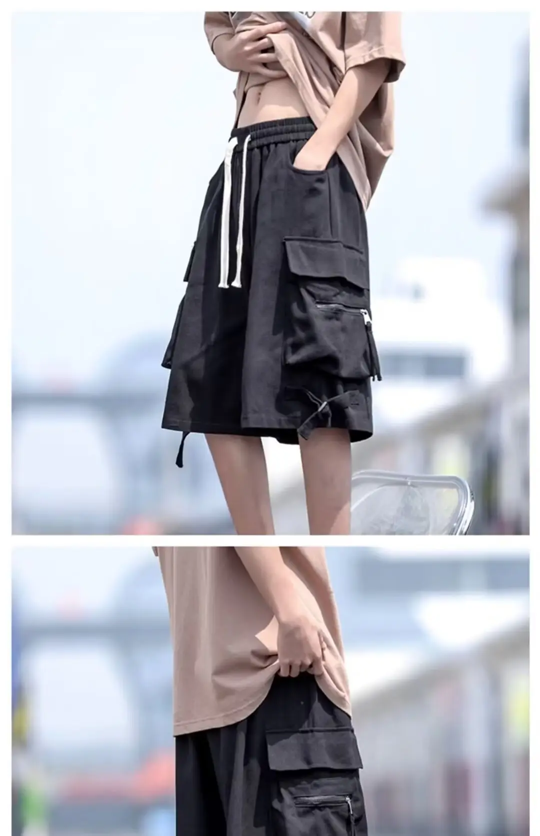 Wine Red Retro Tooling Shorts Men Summer Loose Wide-leg Knee-length Pants — feature 20
