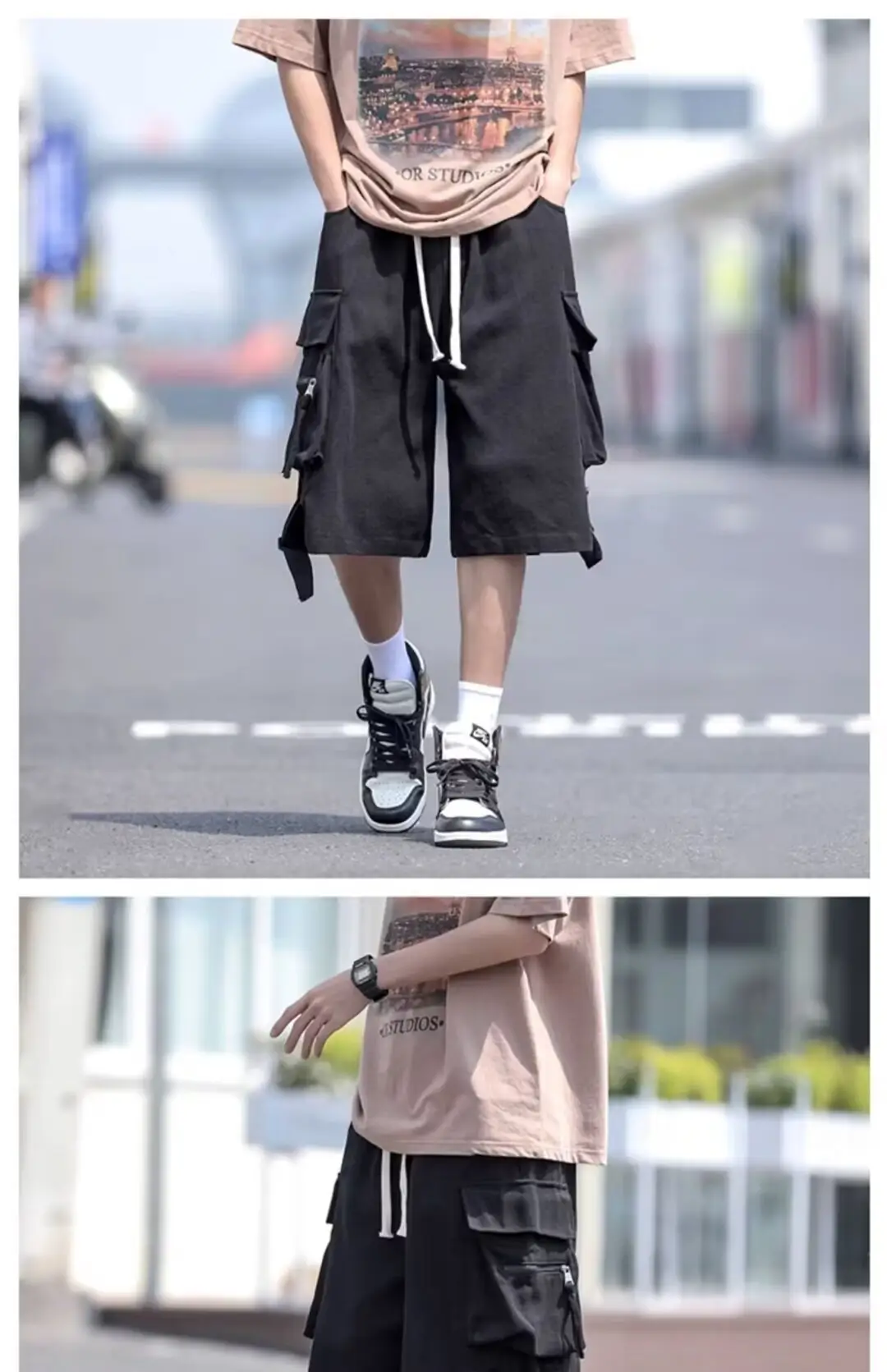 Wine Red Retro Tooling Shorts Men Summer Loose Wide-leg Knee-length Pants — feature 22