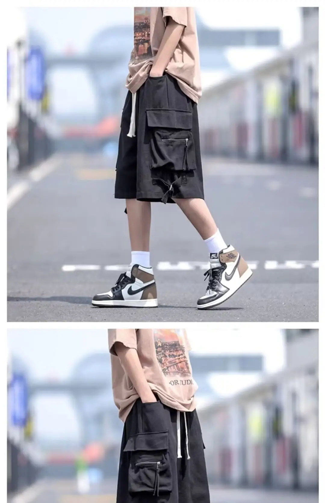 Wine Red Retro Tooling Shorts Men Summer Loose Wide-leg Knee-length Pants — feature 24