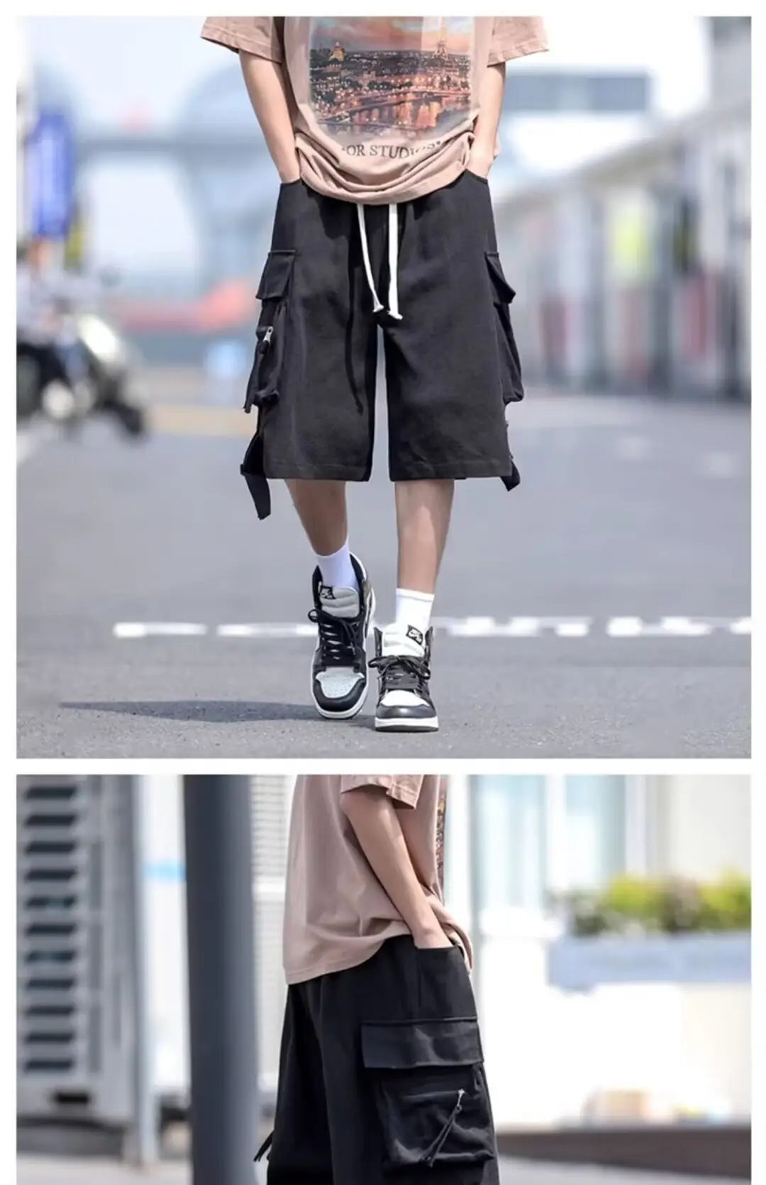 Wine Red Retro Tooling Shorts Men Summer Loose Wide-leg Knee-length Pants — feature 28