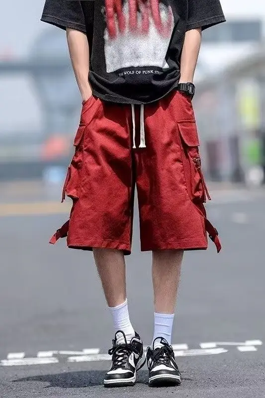 Wine Red Retro Tooling Shorts Men Summer Loose Wide-leg Knee-length Pants — feature 31