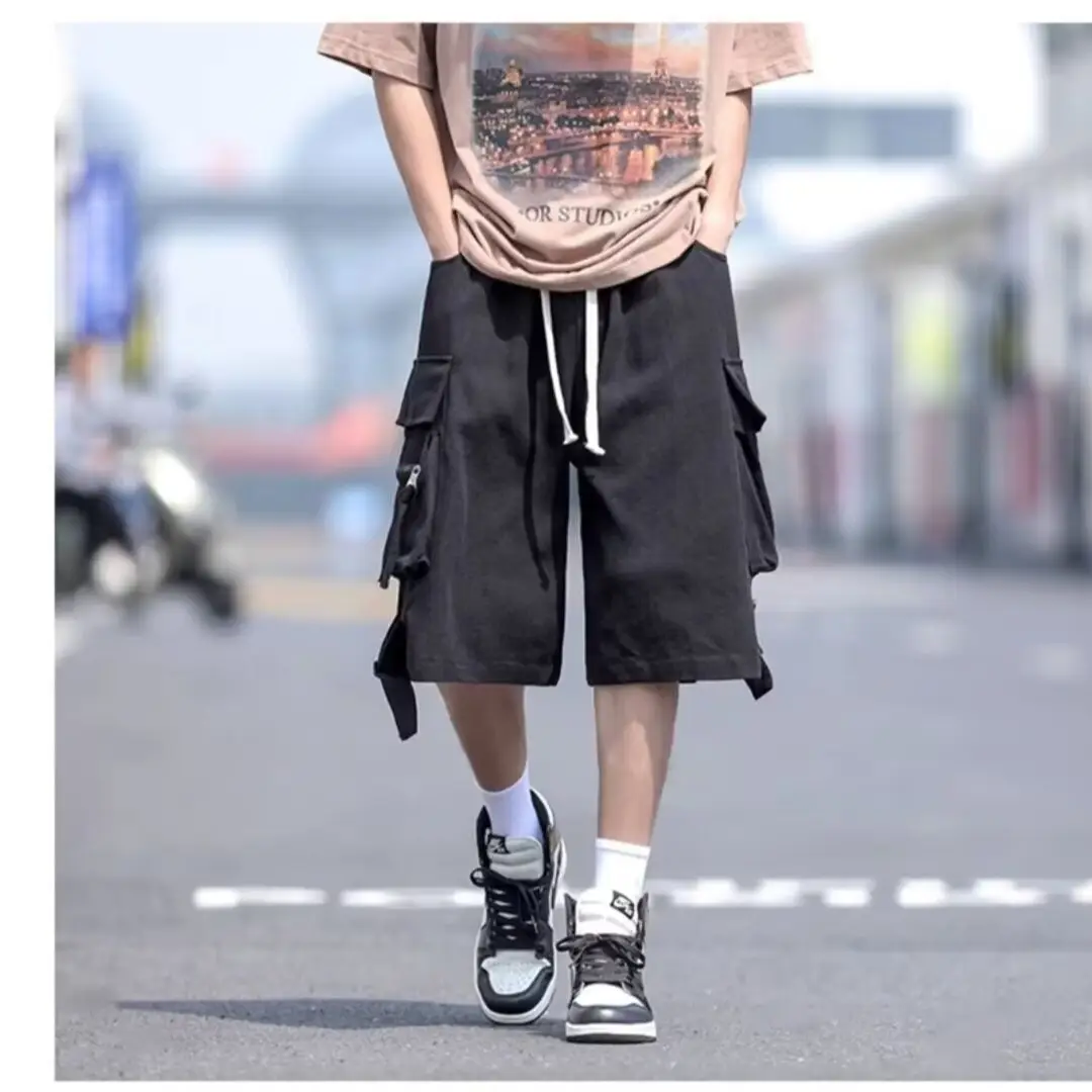 Wine Red Retro Tooling Shorts Men Summer Loose Wide-leg Knee-length Pants — feature 32