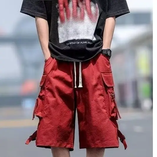 Wine Red Retro Tooling Shorts Men Summer Loose Wide-leg Knee-length Pants — feature 33