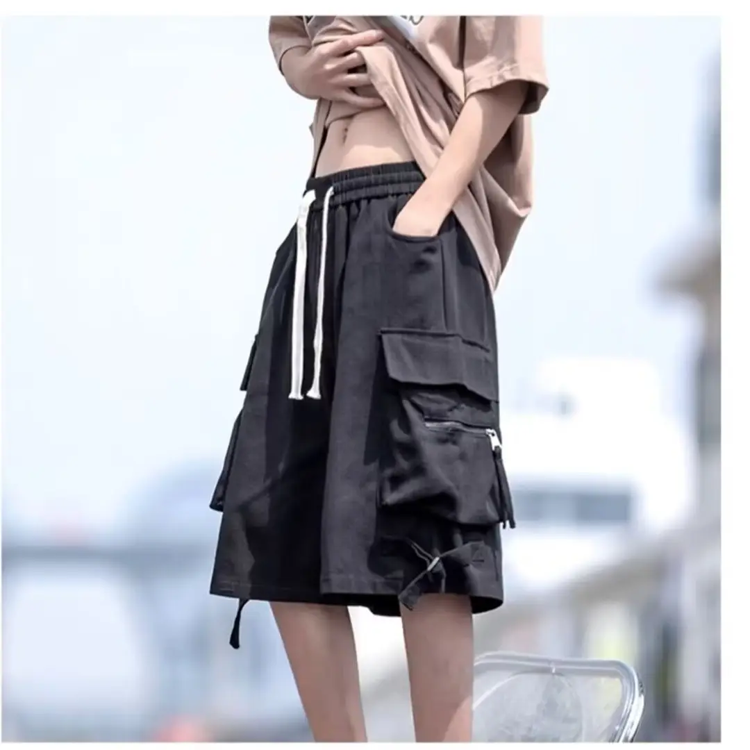 Wine Red Retro Tooling Shorts Men Summer Loose Wide-leg Knee-length Pants — feature 34