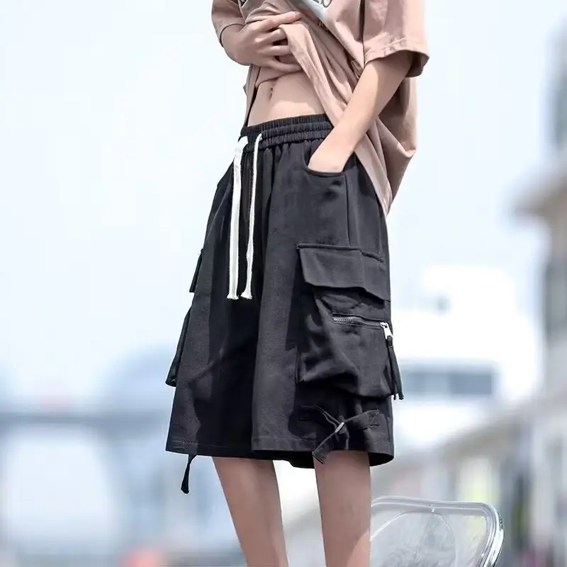 Wine Red Retro Tooling Shorts Men Summer Loose Wide-leg Knee-length Pants — feature 8