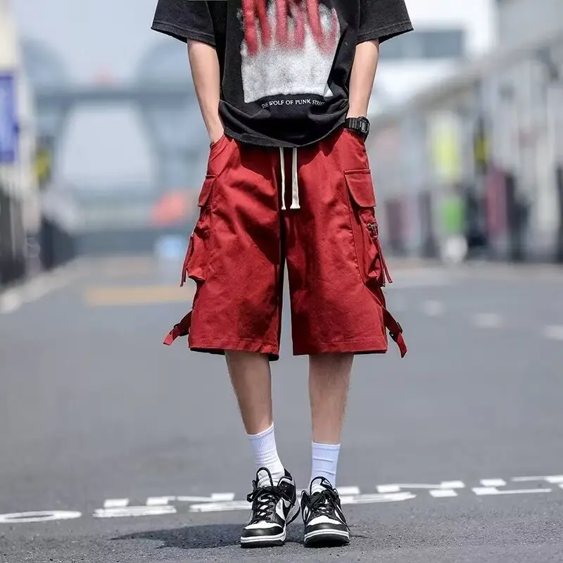 Wine Red Retro Tooling Shorts Men Summer Loose Wide-leg Knee-length Pants — feature 9